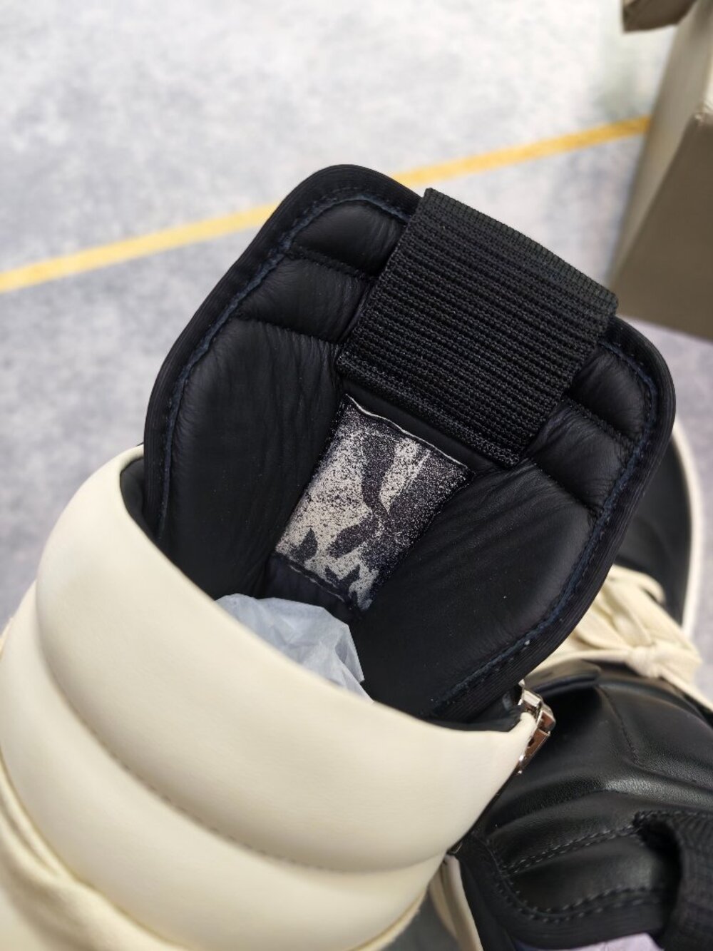 Rick Owens Black Leather High-Top Boots with Cream Laces and Off-White Sole - Picture 7 of 7